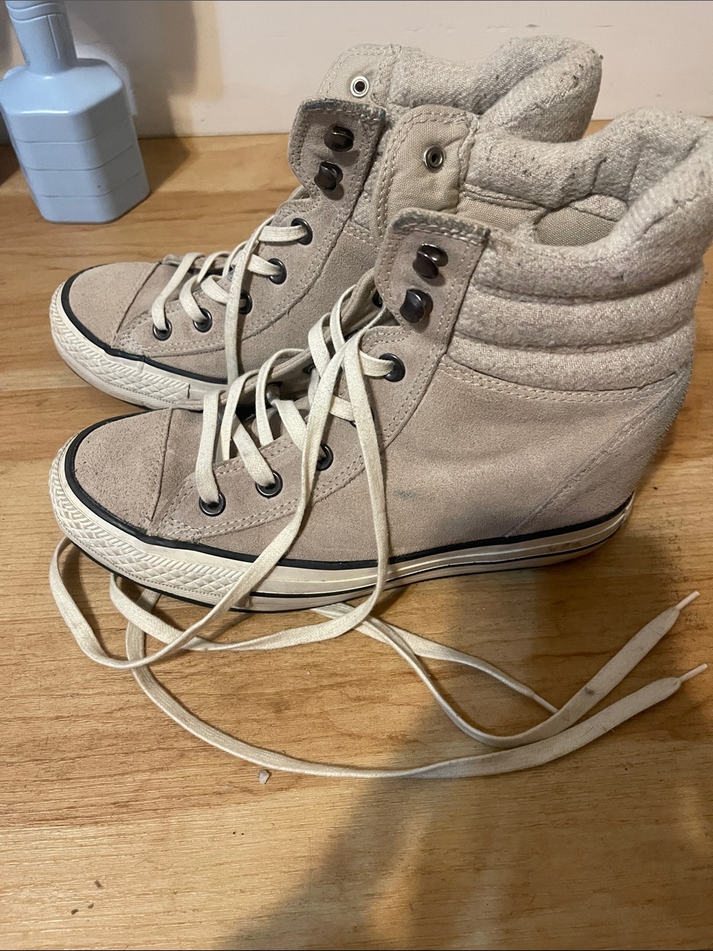 Wedge High-Top Sneakers in Light Beige